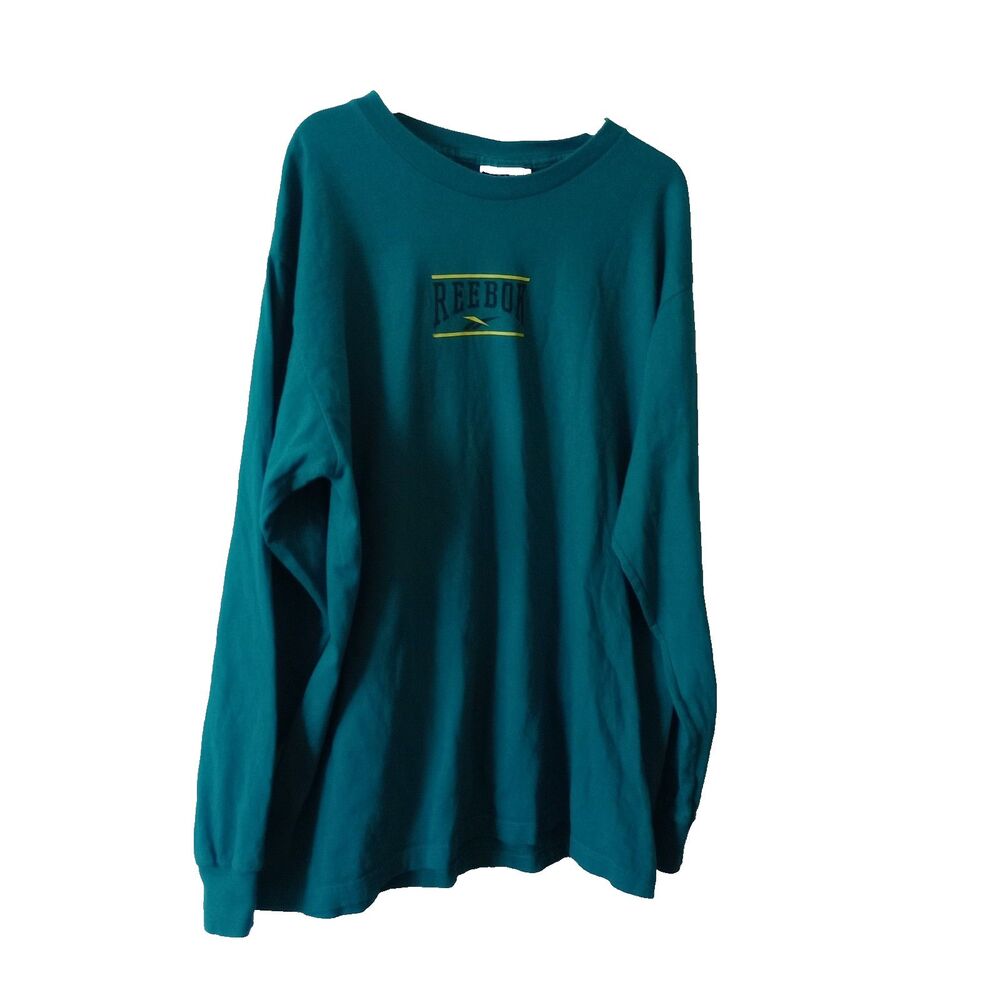 Reebok 90s Vintage Mens Teal Long Sleeve Graphic Logo T-Shirt L Crewneck